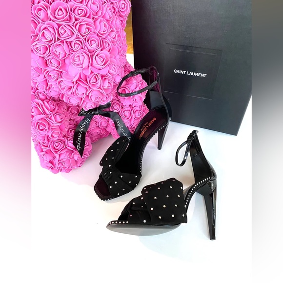 SAINT LAURENT FREJA BLACK SUEDE BOW CRYSTAL STRASS OPEN TOE SANDAL SHOES - Picture 5 of 9